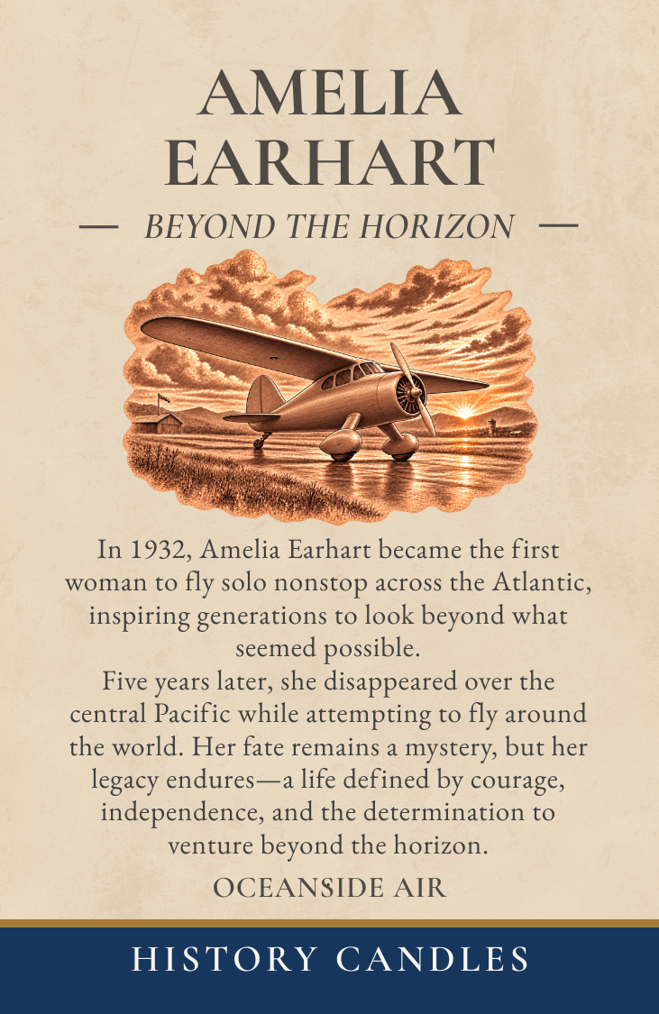 A book cover for 'Amelia Earhart: Beyond the Horizon' by Oceanside Air, History Candles. The cover features a vintage illustration of a biplane flying over water under a warm sunset sky, set against a textured beige background with a dark blue banner at the bottom.