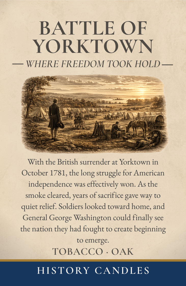 Historical illustration representing the Battle of Yorktown and the American victory that ended major Revolutionary War fighting.