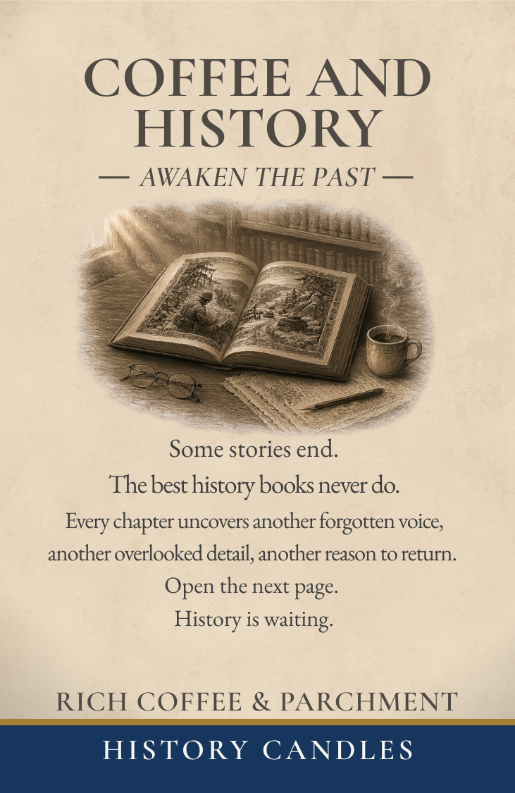 History Candles Coffee and History gift box displaying the historical story and museum-inspired artwork on the candle packaging