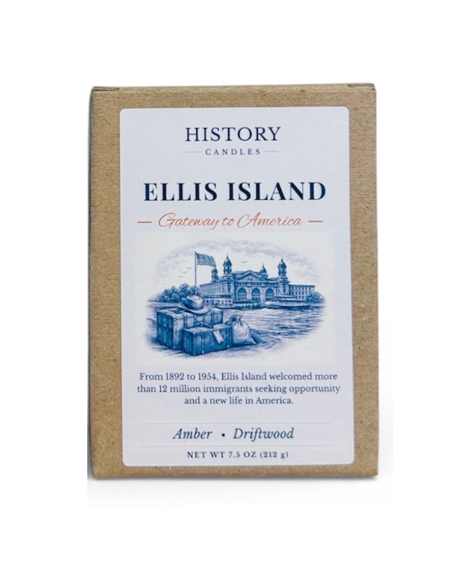 Ellis Island soy candle with branded History Candles gift box