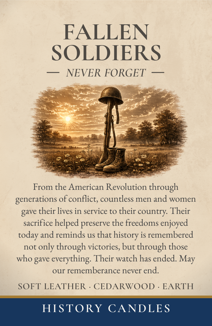 Close-up of the Fallen Soldiers gift box label featuring original historical artwork and commemorative product details.