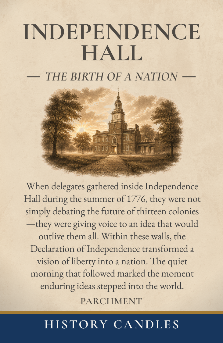 Original Independence Hall artwork featured on the History Candles label.