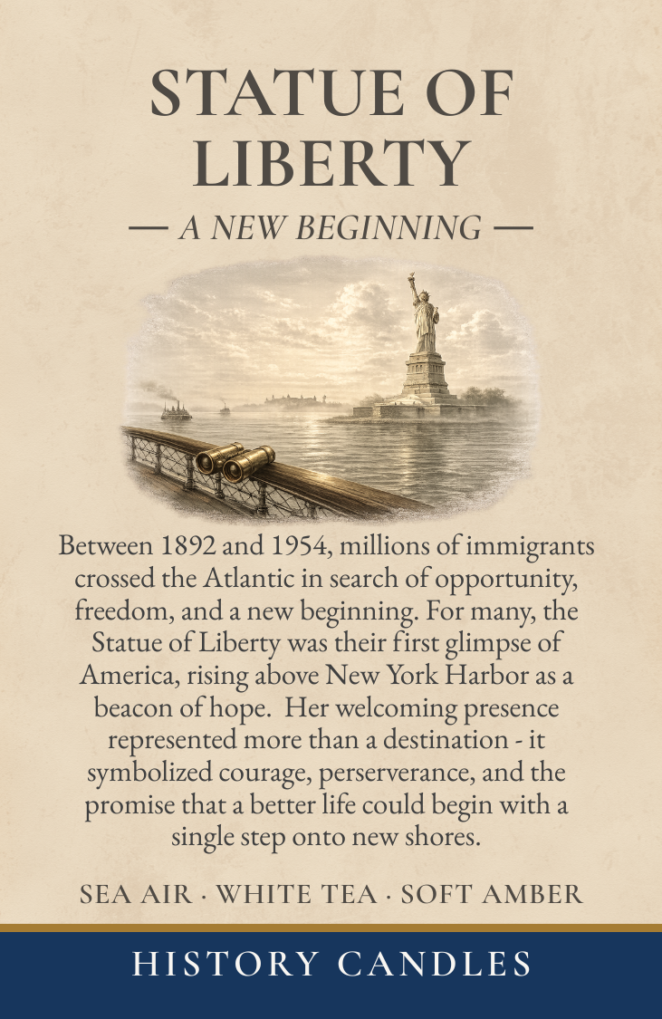 Close-up of the Statue of Liberty gift box story panel describing immigrants arriving in New York Harbor in search of freedom and opportunity.