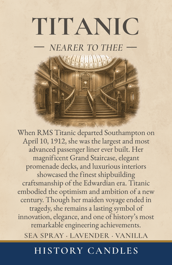 Titanic candle historical story panel describing the ship's maiden voyage, sinking, and enduring legacy.
