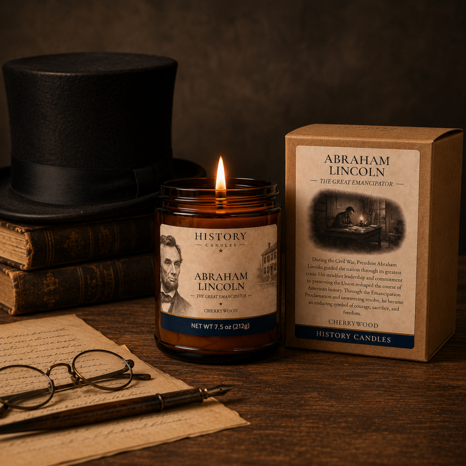 History Candles Abraham Lincoln candle and premium gift box displayed in a historic study setting