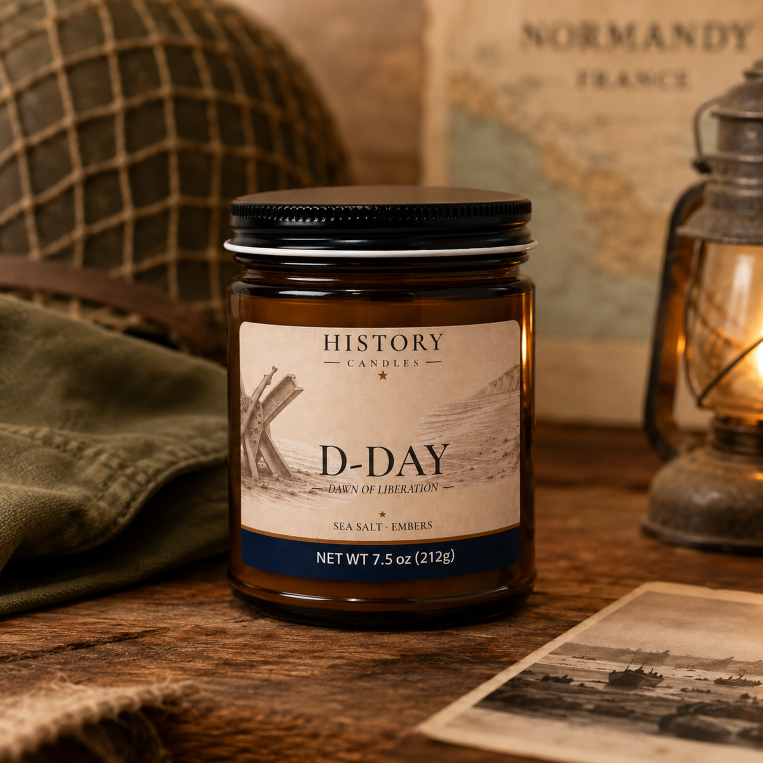 D-Day candle displayed with WWII artifacts, historical maps, and warm candlelight reflecting the Normandy invasion of June 6, 1944.