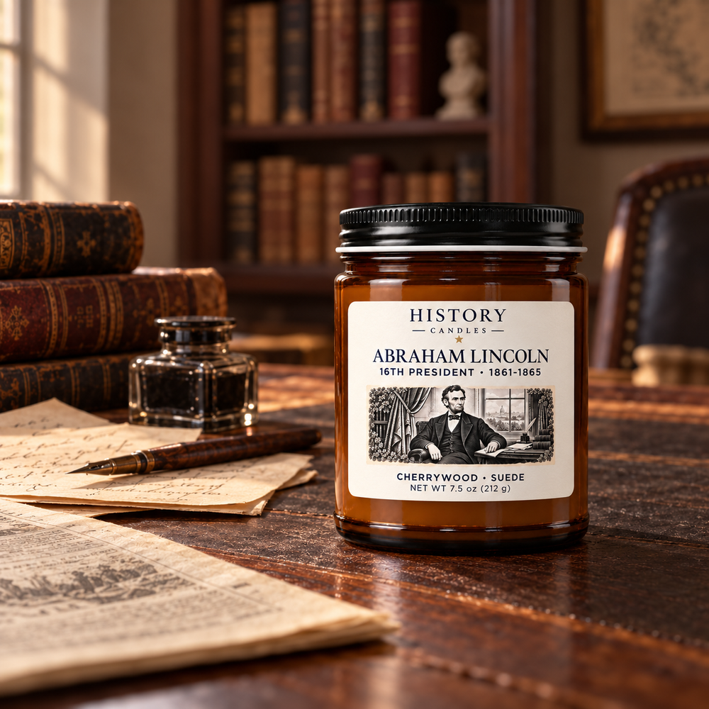 Abraham Lincoln candle on a wooden desk in a book-lined study with historical papers and an inkwell.