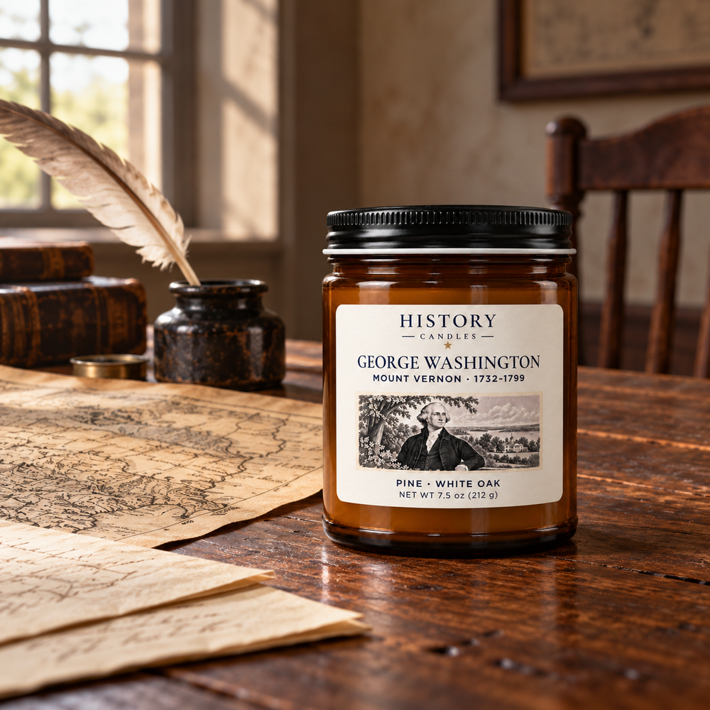 George Washington candle on a colonial writing desk with a quill, inkwell, maps, and books.