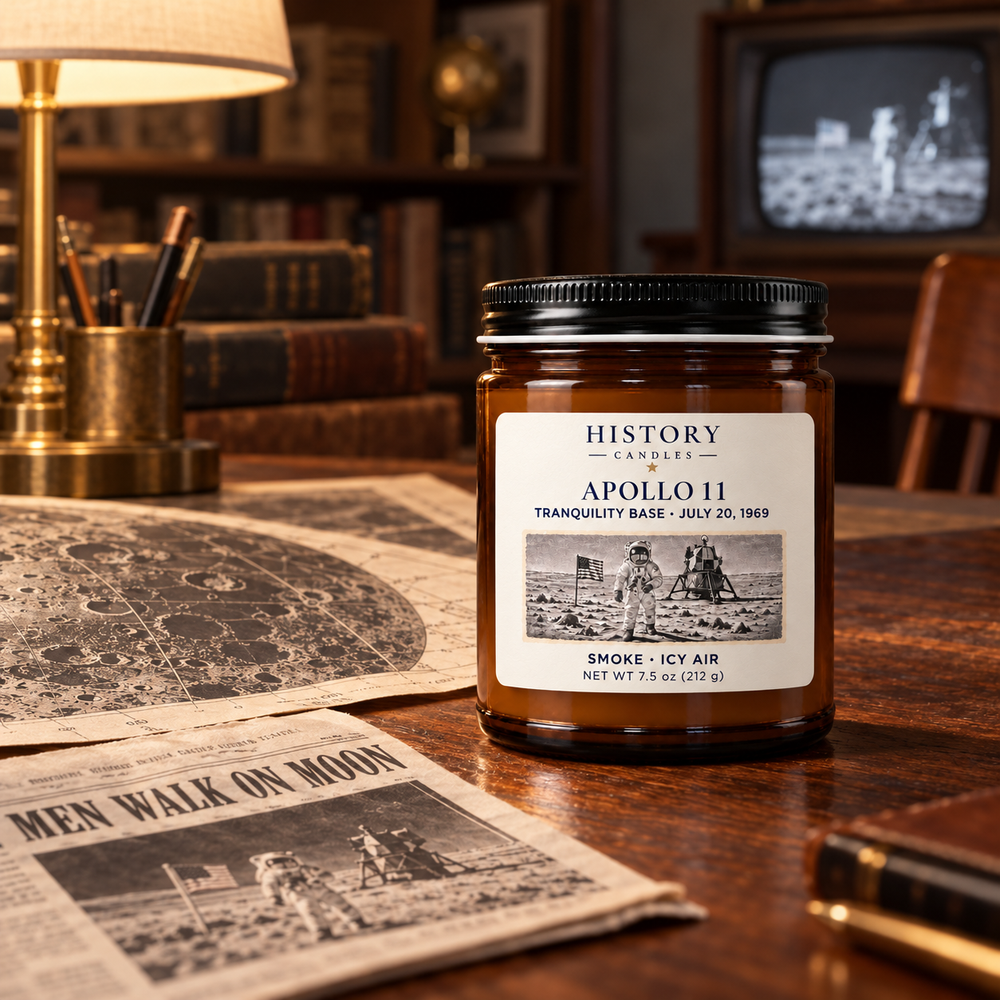 Apollo 11 candle in a 1969 study with a lunar map, moon-landing newspaper, and television showing the mission.