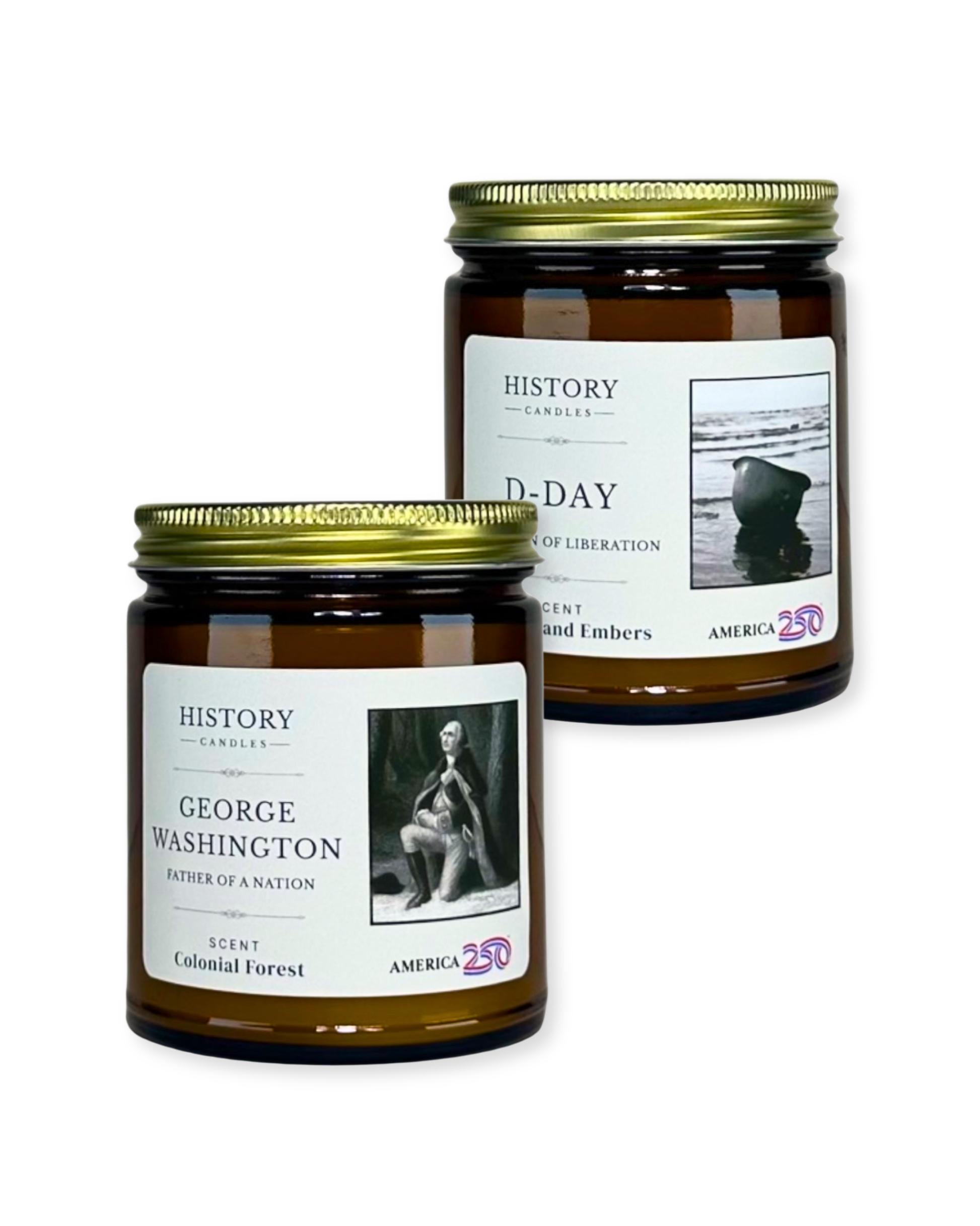 Two candle set featuring History Candles soy candles in amber glass jars on white background