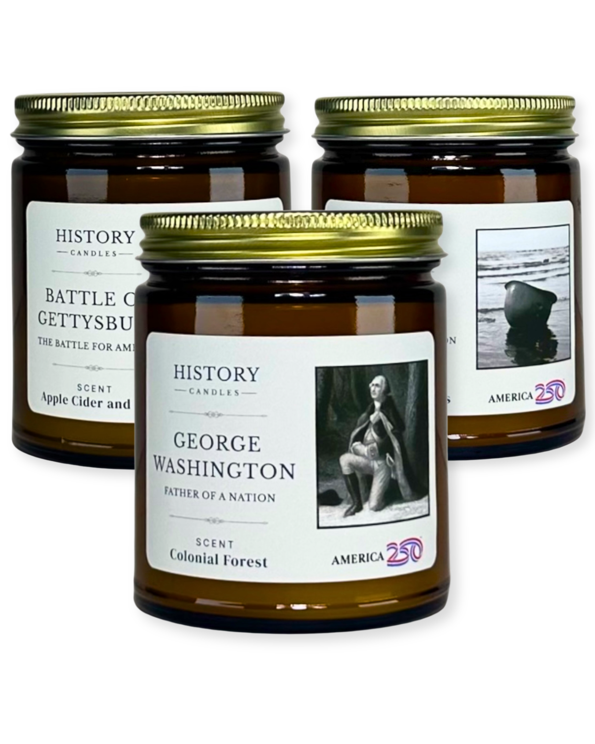 Three candle set featuring History Candles soy candles in amber glass jars on white background
