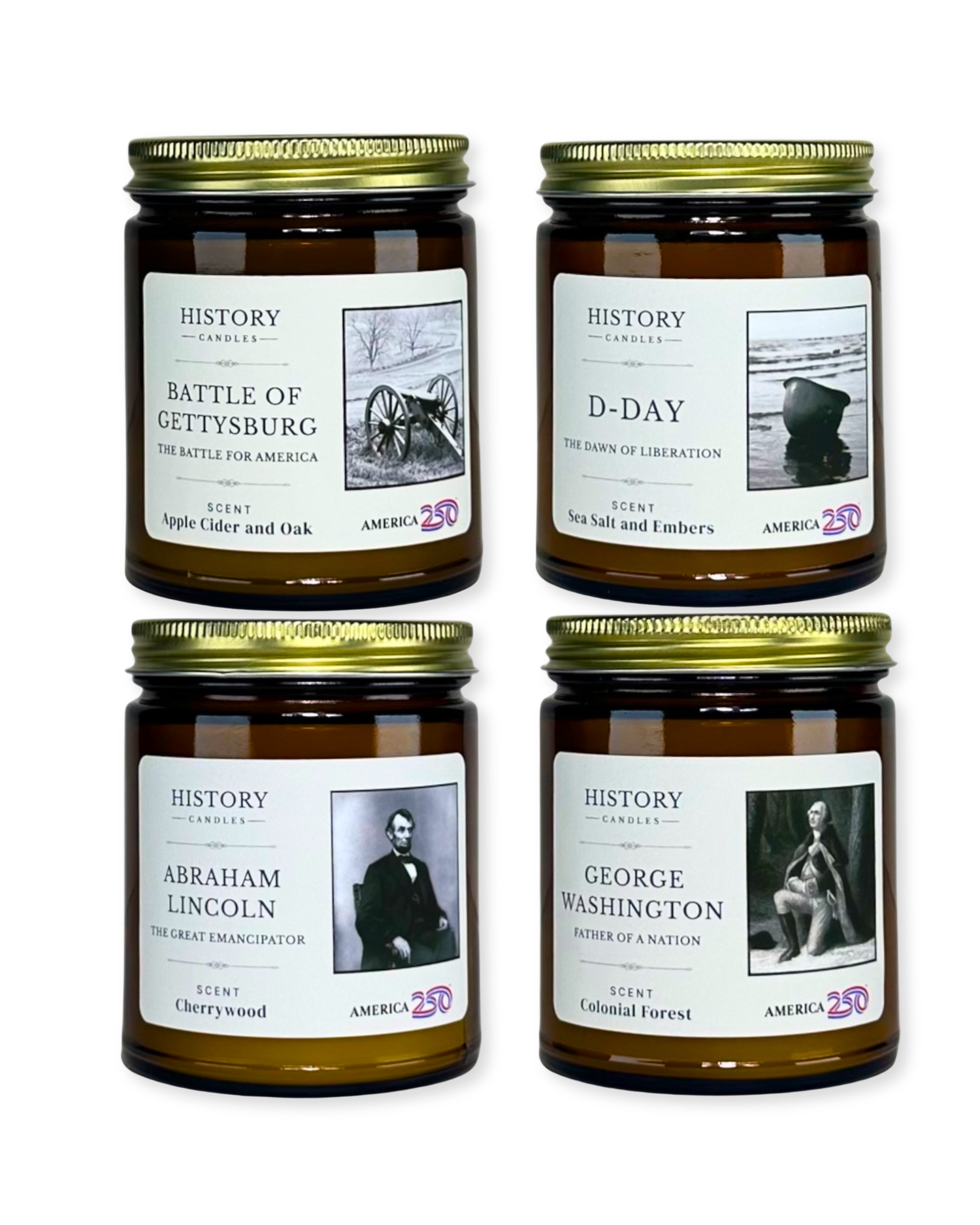 Four candle collector set featuring History Candles soy candles in amber glass jars