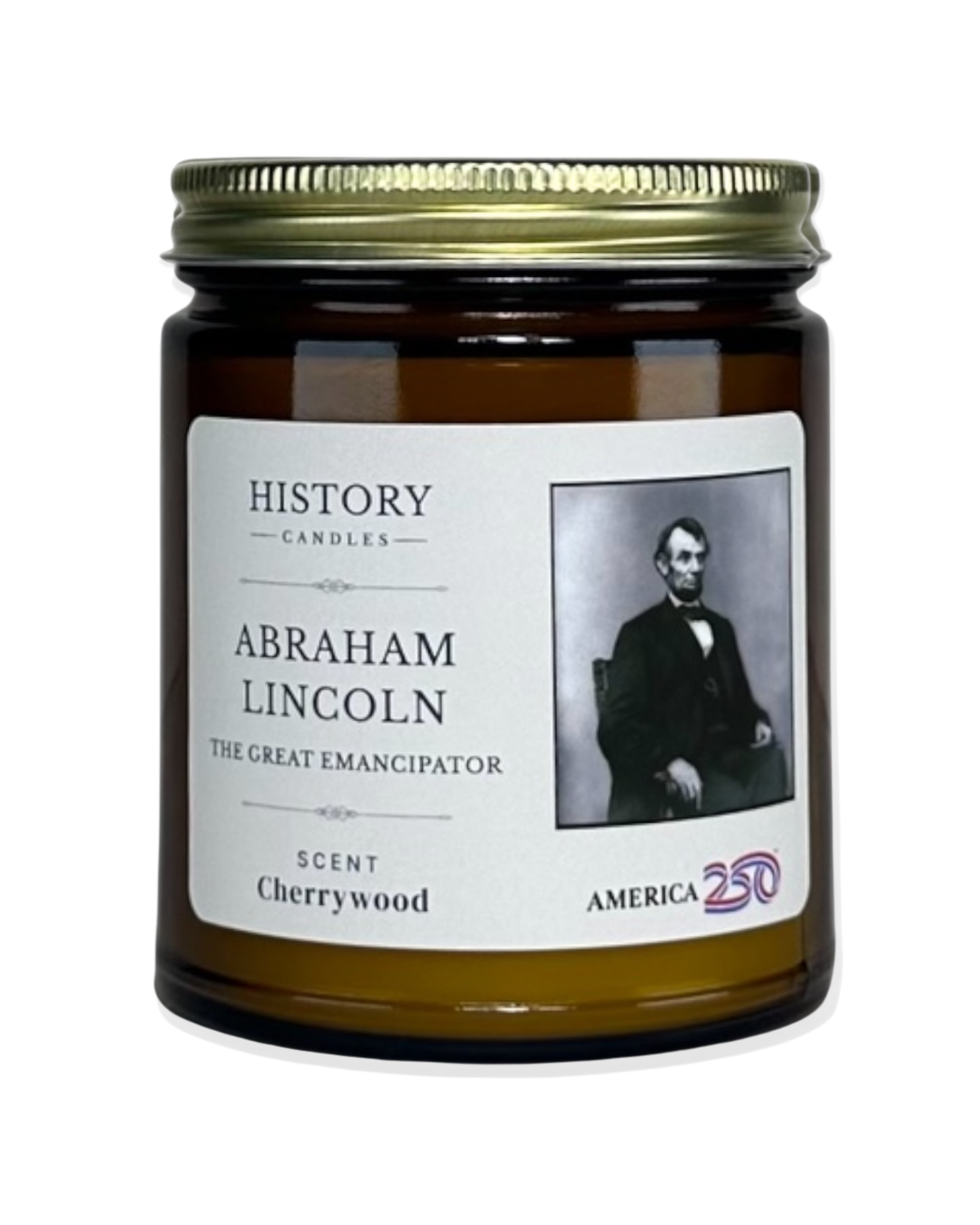 Abraham Lincoln soy candle in amber glass jar with gold lid America 250