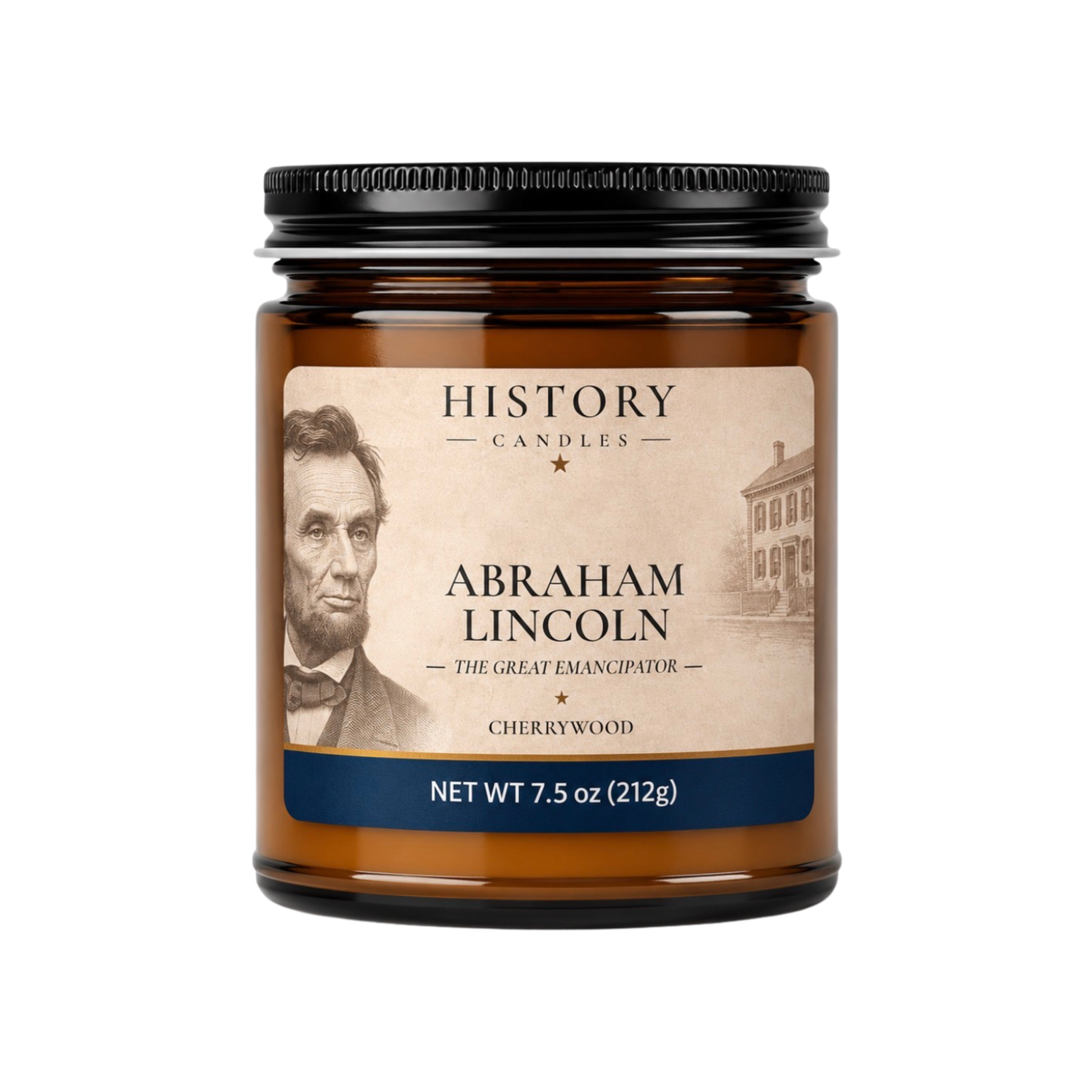 History Candles Abraham Lincoln candle featuring the Cherrywood fragrance in an amber glass jar