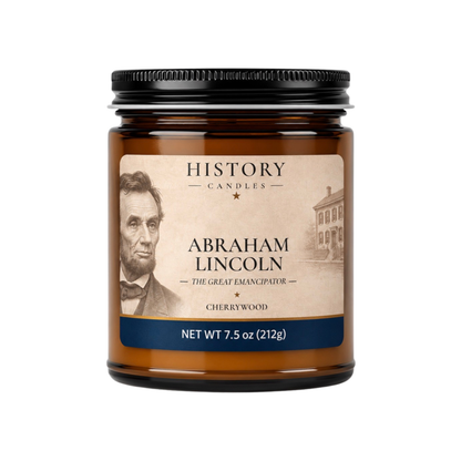 History Candles Abraham Lincoln candle featuring the Cherrywood fragrance in an amber glass jar