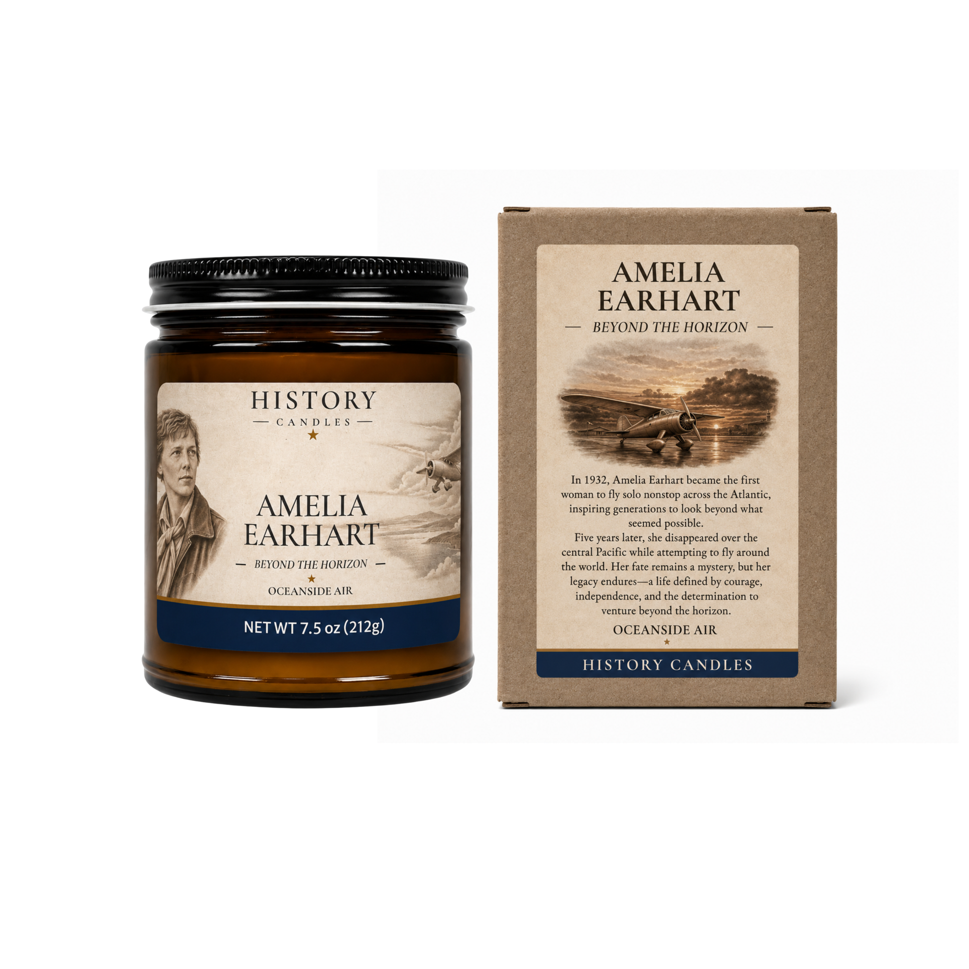 A jar candle and its matching box from History Candles, featuring the scent Amelia Earhart: Beyond the Horizon. The candle is in an amber glass jar with a black metal lid, and the box is made of natural brown kraft paper with a vintage-style label.