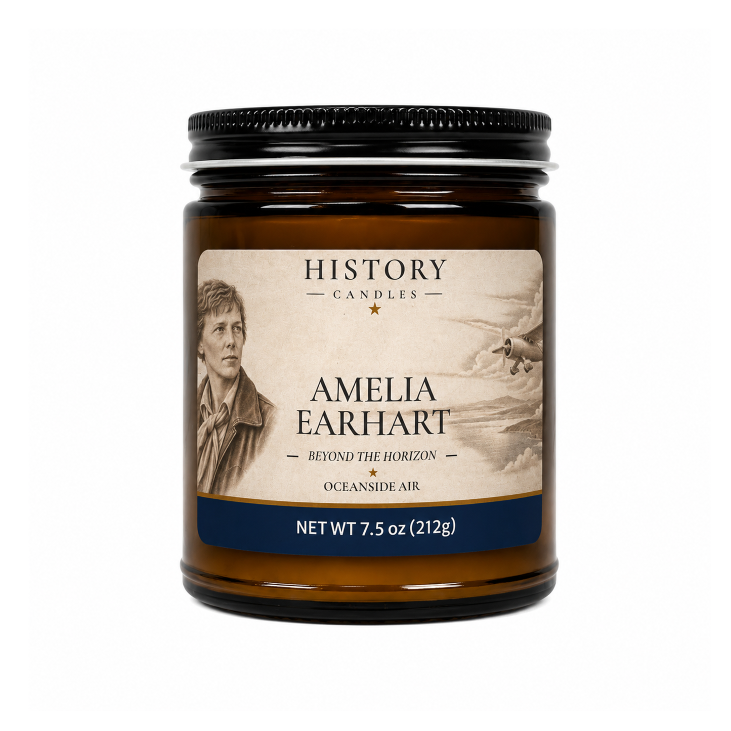 An amber glass jar candle with a black metal lid and a vintage-style label for 'History Candles' named 'Amelia Earhart', on a plain white background.