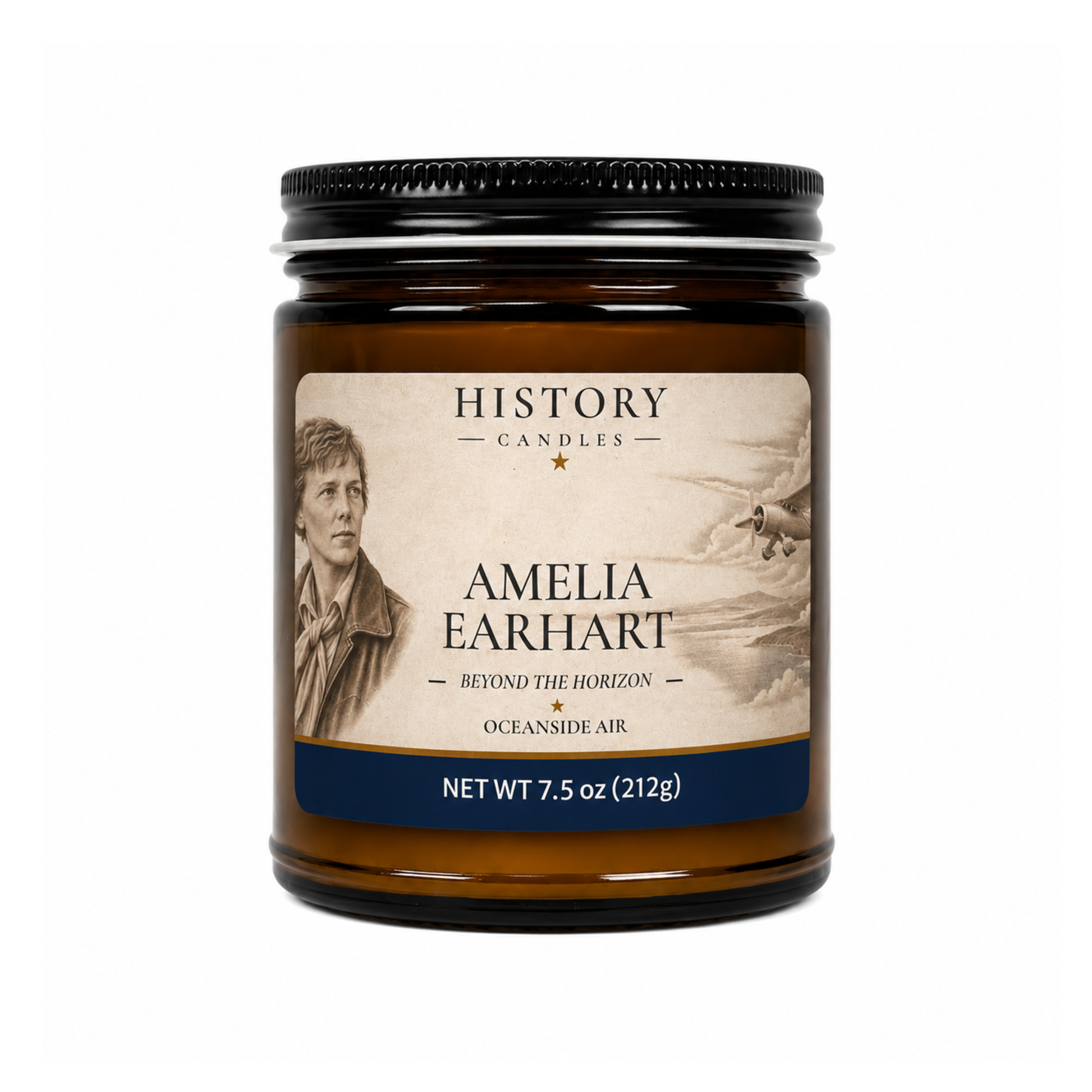 An amber glass jar candle with a black metal lid and a vintage-style label for 'History Candles' named 'Amelia Earhart', on a plain white background.