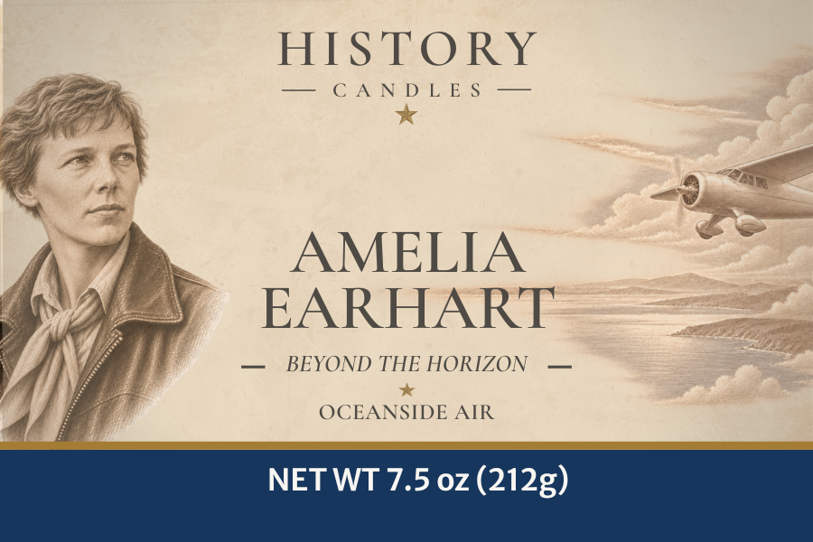 Candle packaging label for History Candles 'Amelia Earhart' scent, featuring a sepia portrait of Amelia Earhart on the left, a vintage airplane over water on the right, and a dark blue band at the bottom with net weight text.