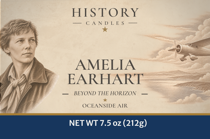 Candle packaging label for History Candles 'Amelia Earhart' scent, featuring a sepia portrait of Amelia Earhart on the left, a vintage airplane over water on the right, and a dark blue band at the bottom with net weight text.