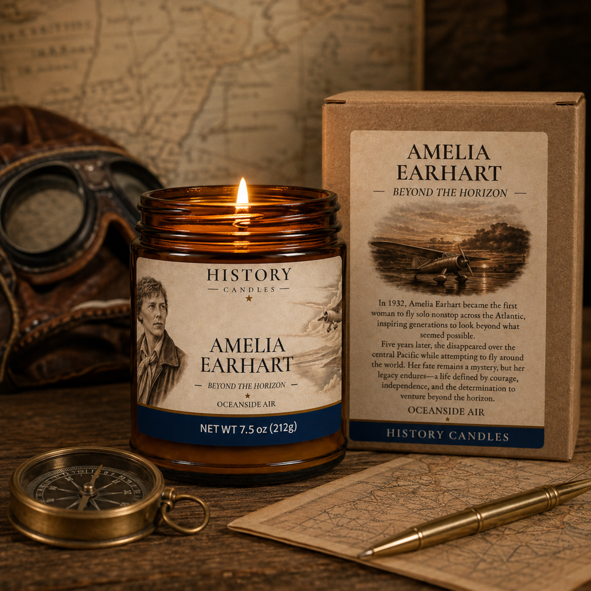 A lit amber glass jar candle labeled History Candles Amelia Earhart 'Beyond the Horizon' sits beside its matching kraft paper box on a rustic tabletop with a vintage map, brass compass, and nautical props in the background.