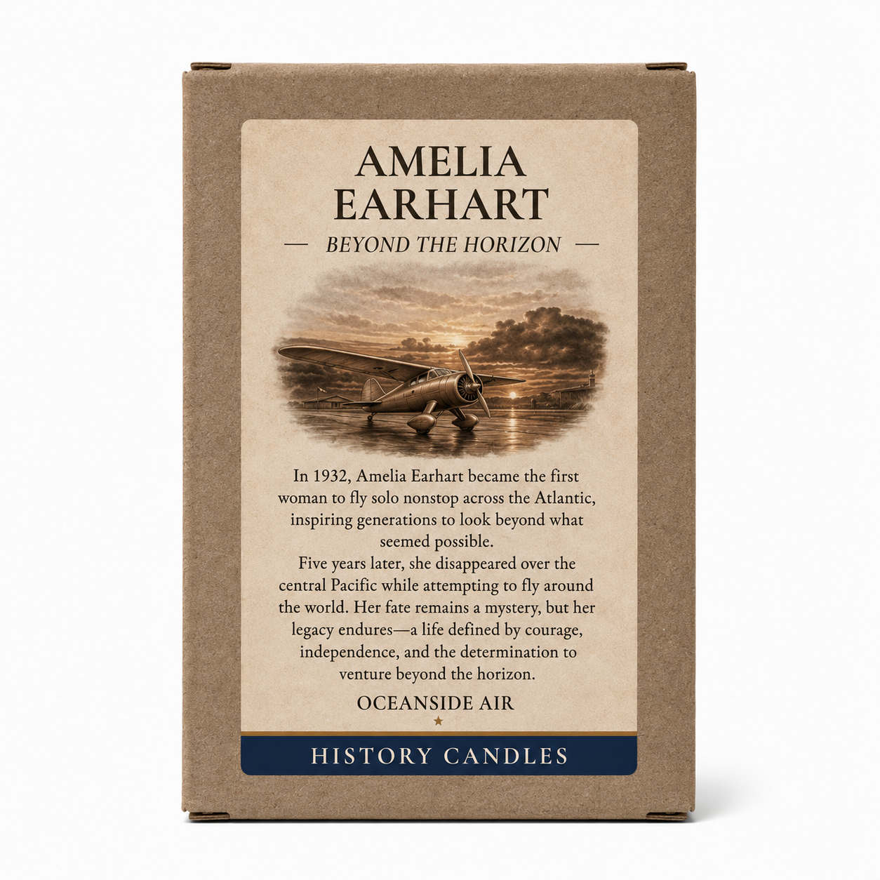 A rectangular kraft paper candle box with a front label reading 'AMELIA EARTH' and 'BEYOND THE HORIZON,' plus a photo of a vintage airplane and text about Amelia Earhart. A dark blue band at the bottom reads 'HISTORY CANDLES.