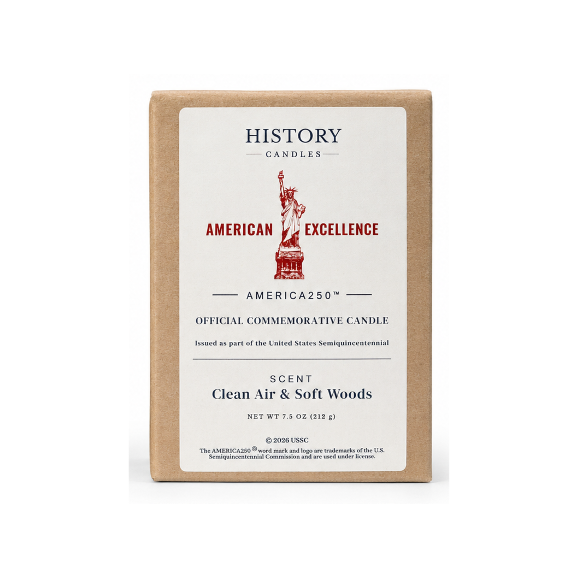 A square kraft paper box for a History Candles America250 Official Commemorative Candle, featuring a white label with red and black text and an illustration of the Statue of Liberty, on a white background.