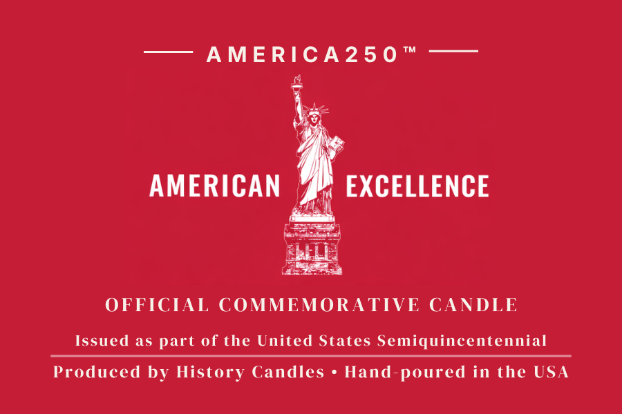 Red and white graphic for an America250 commemorative candle, featuring the Statue of Liberty illustration and text reading 'American Excellence' and 'Official Commemorative Candle' on a solid red background.
