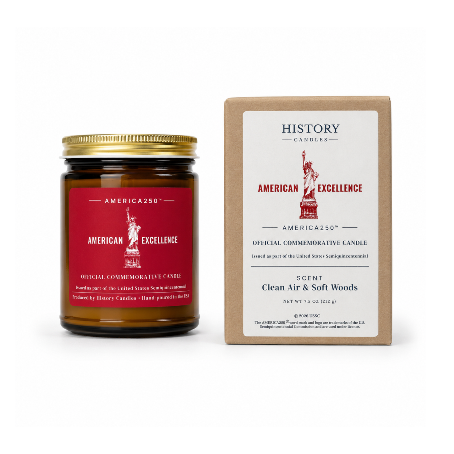 A jar candle and its kraft paper box from History Candles, featuring the 'American Excellence' scent. The candle has a gold metal lid and a red label with a white Statue of Liberty graphic, set against a clean white background.