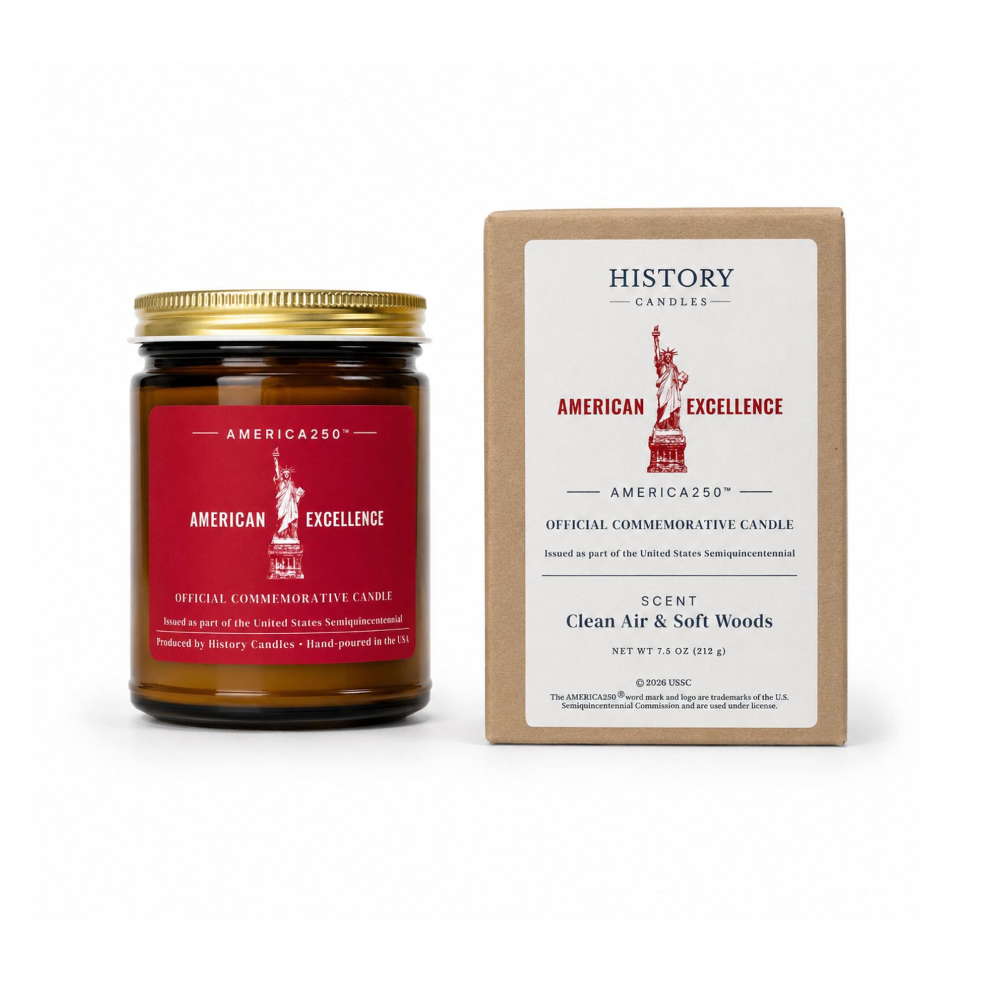 A jar candle and its kraft paper box from History Candles, featuring the 'American Excellence' scent. The candle has a gold metal lid and a red label with a white Statue of Liberty graphic, set against a clean white background.