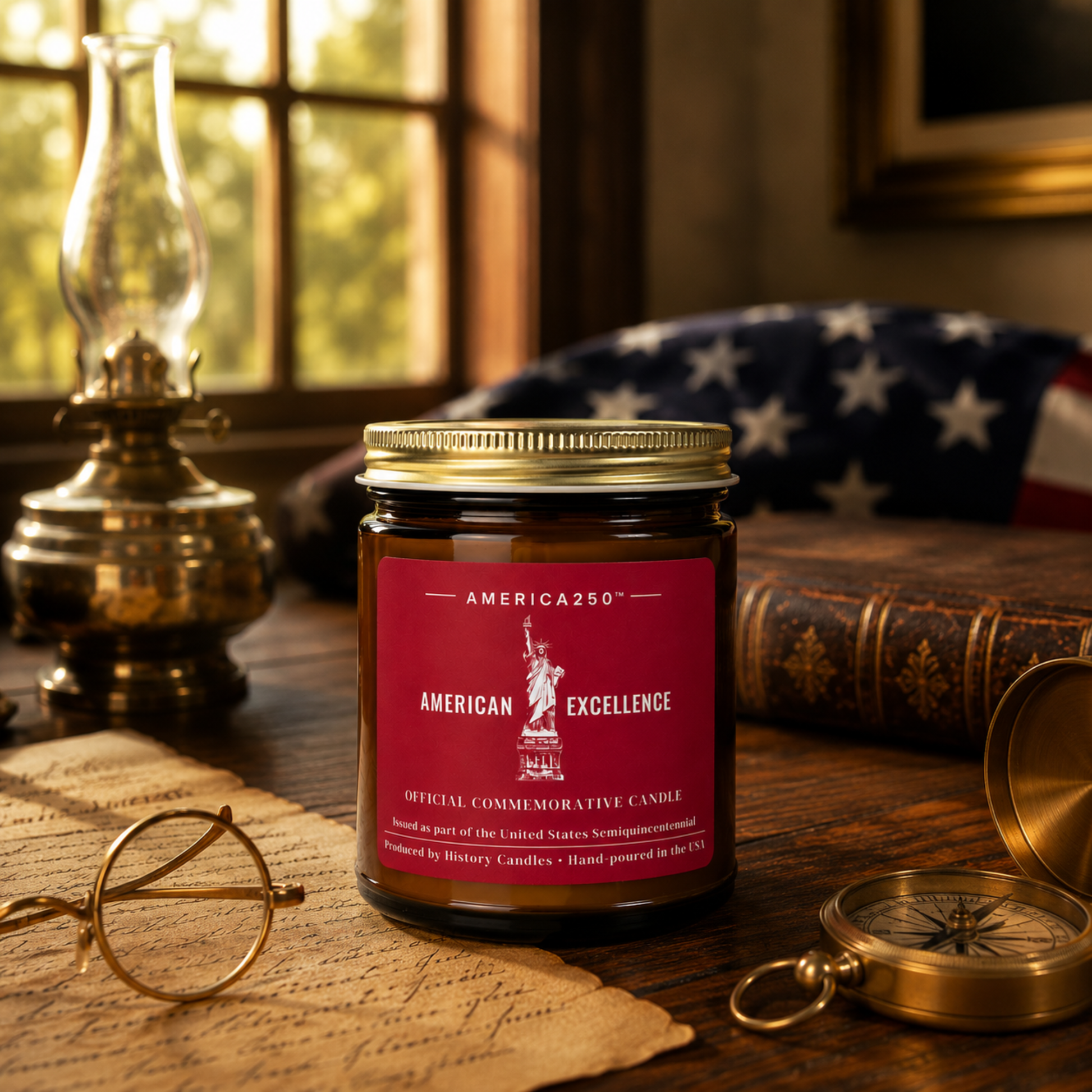 A jar candle labeled 'America250 American Excellence' sits on a wooden table surrounded by vintage props including an oil lamp, glasses, a compass, old books, and an American flag in the background.