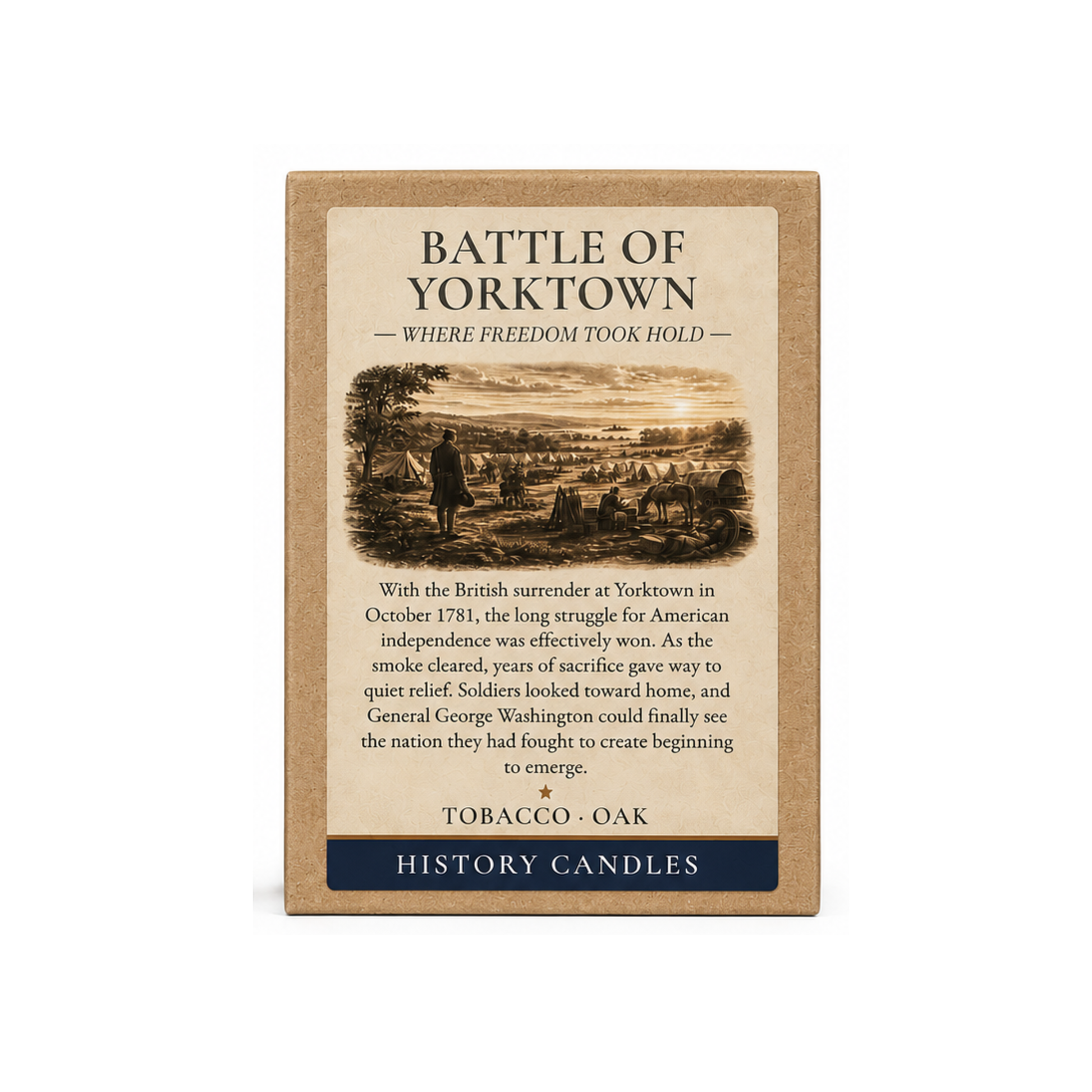 Battle of Yorktown candle gift box featuring original historical artwork and the story of the battle.