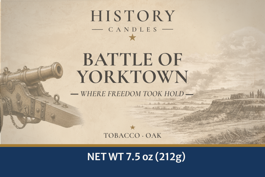 Close view of the Battle of Yorktown candle label featuring historical artwork and Tobacco & Oak fragrance.