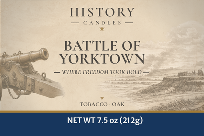 Close view of the Battle of Yorktown candle label featuring historical artwork and Tobacco & Oak fragrance.