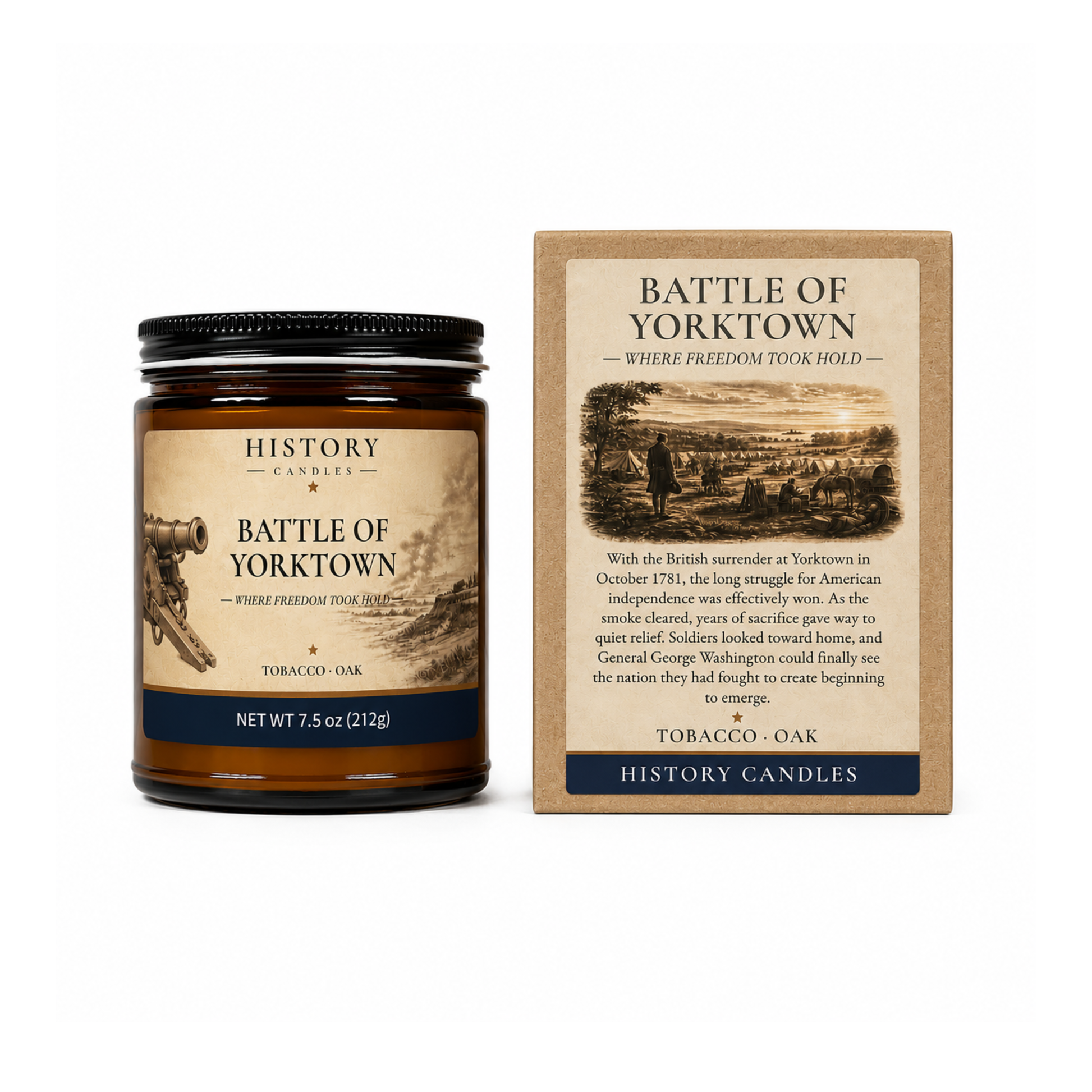Battle of Yorktown Tobacco & Oak candle displayed beside its premium History Candles gift box.