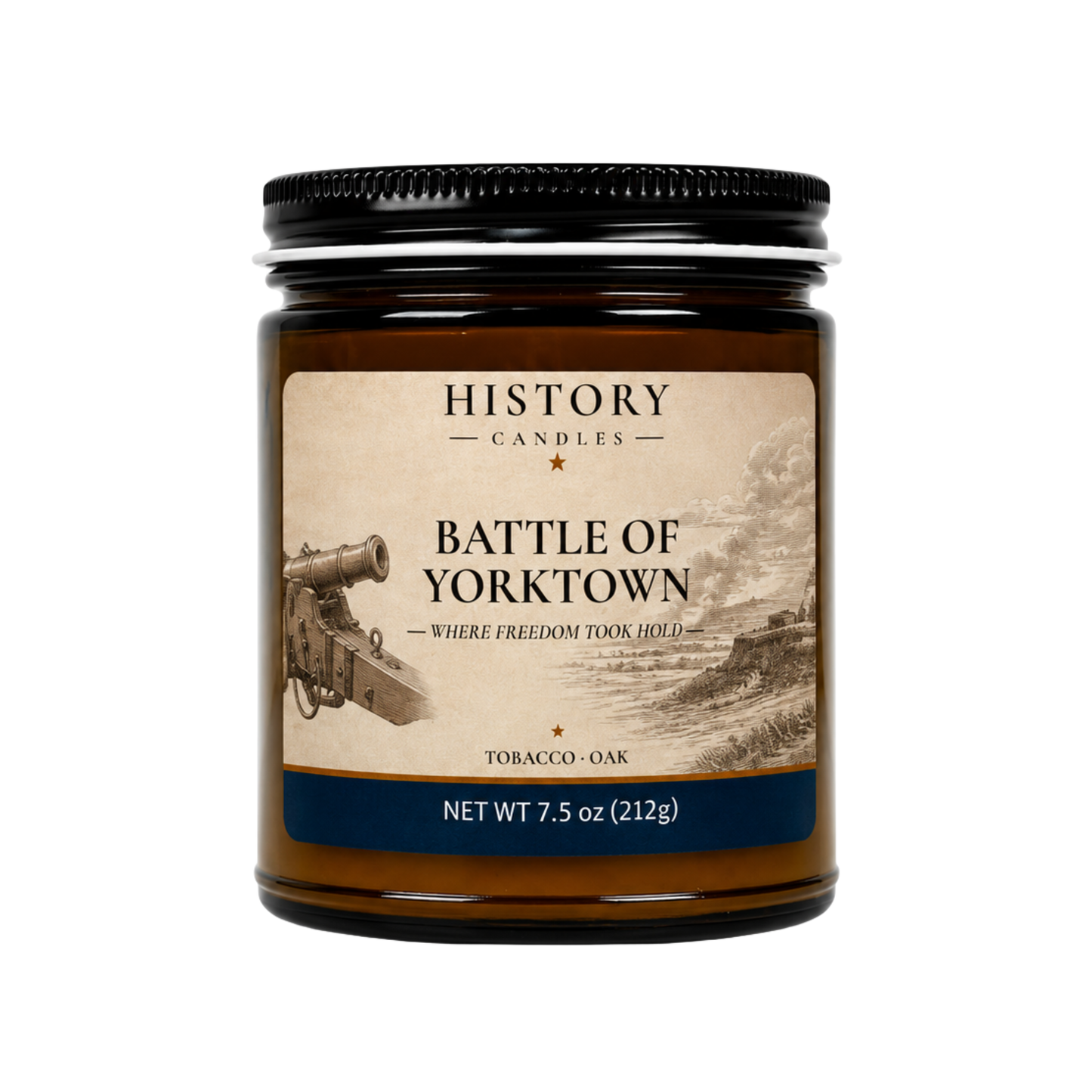 Battle of Yorktown candle with Tobacco & Oak fragrance in an amber glass jar with a black metal lid.