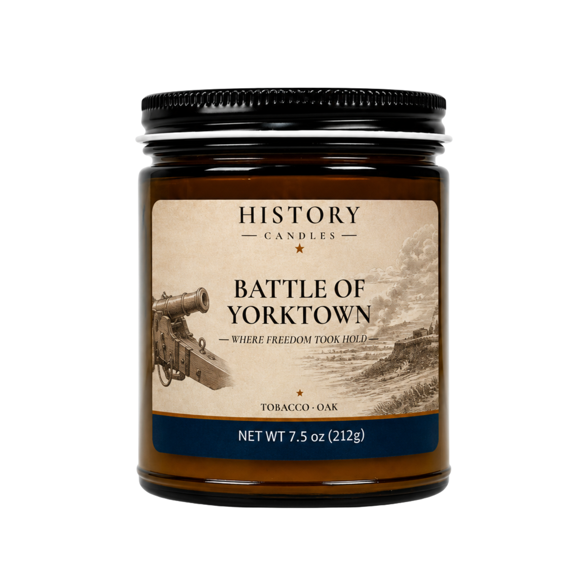 Battle of Yorktown candle with Tobacco & Oak fragrance in an amber glass jar with a black metal lid.