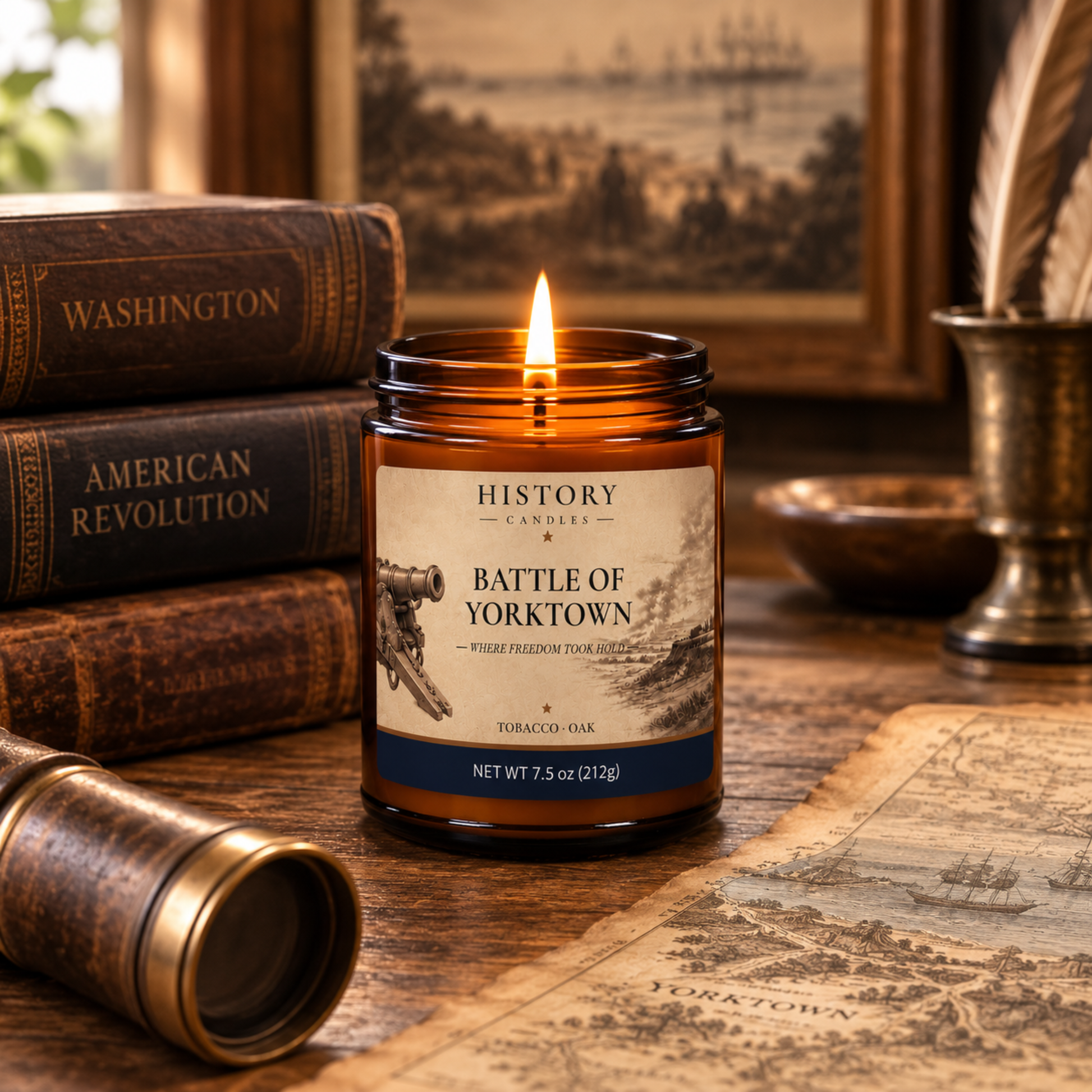 Battle of Yorktown candle displayed in a warm historical setting inspired by the American Revolution.