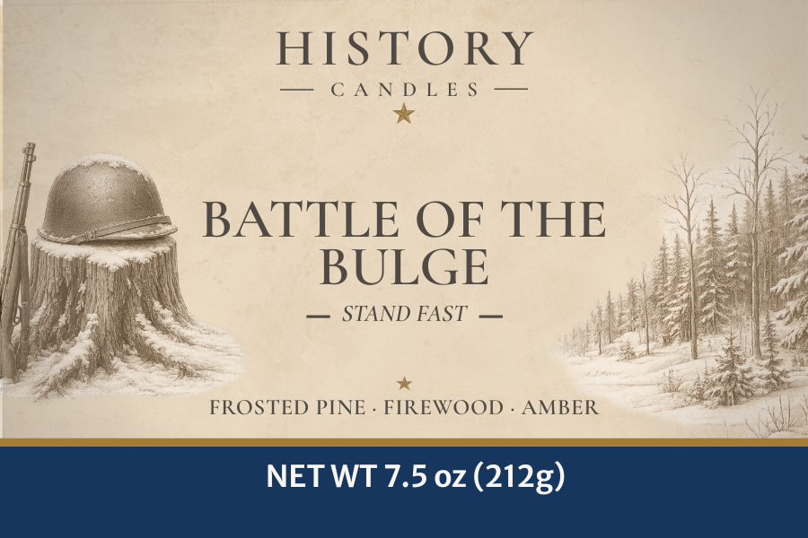 History Candles Battle of the Bulge candle label featuring original historical artwork