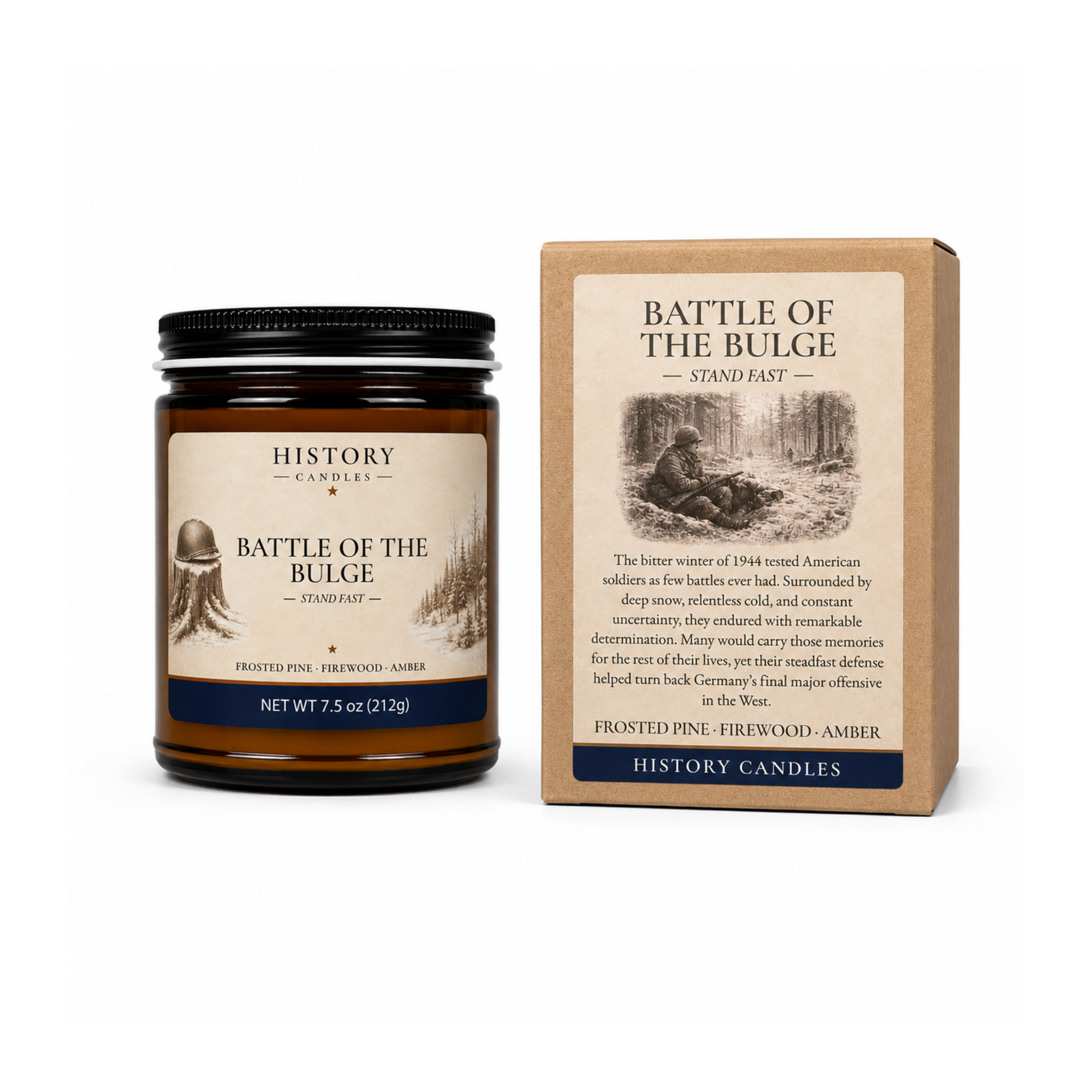 History Candles Battle of the Bulge candle displayed with its premium gift box