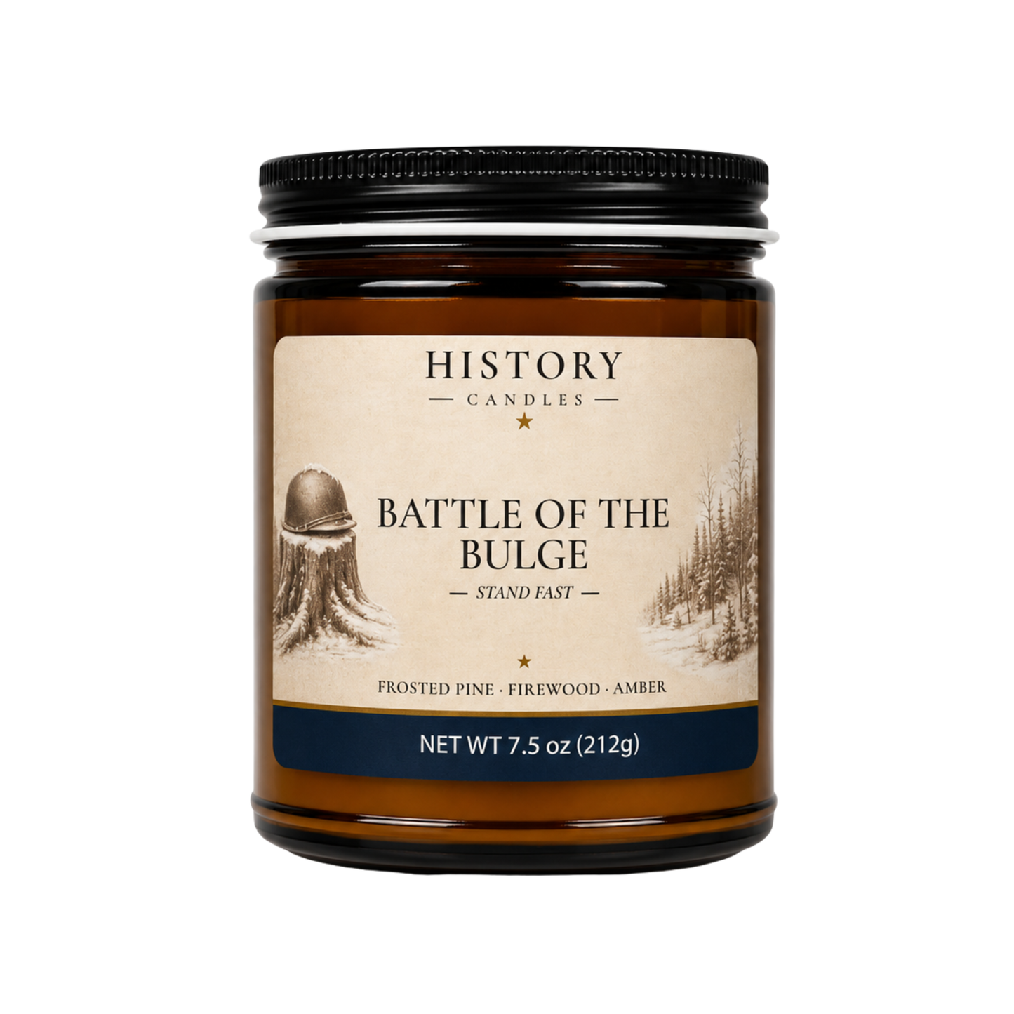 Battle of the Bulge History Candle featuring Frosted Pine, Firewood & Amber fragrance in an amber jar with historical battlefield artwork.