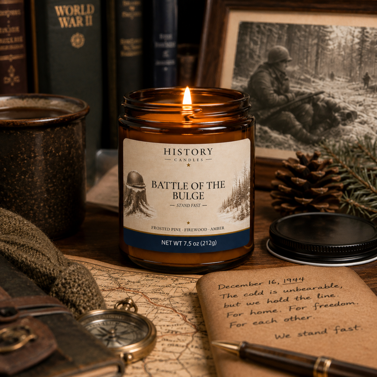 Battle of the Bulge candle displayed with vintage military artifacts, handwritten documents, and warm candlelight reflecting the Ardennes campaign.