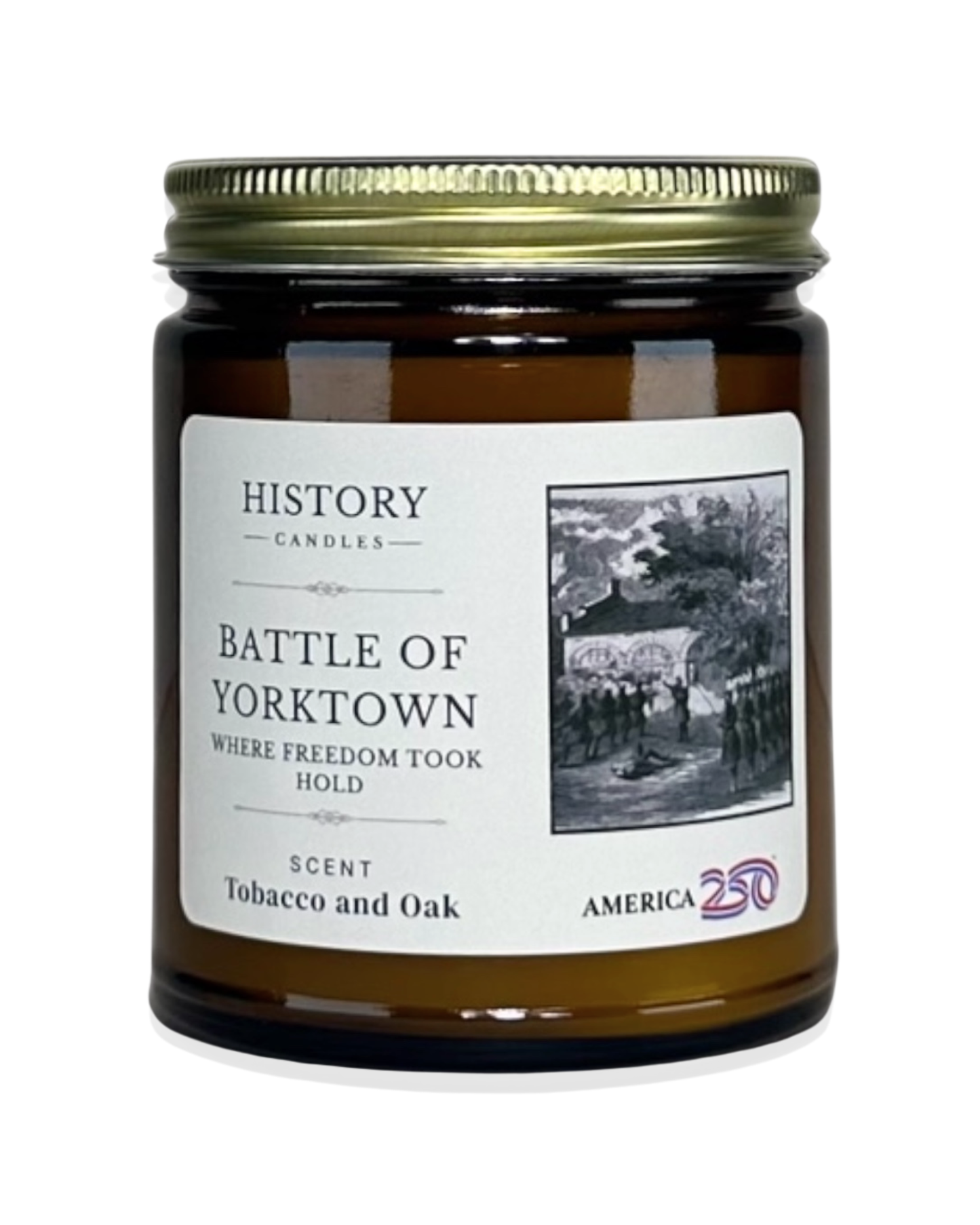 Battle of Yorktown soy candle in amber glass jar with gold lid America 250