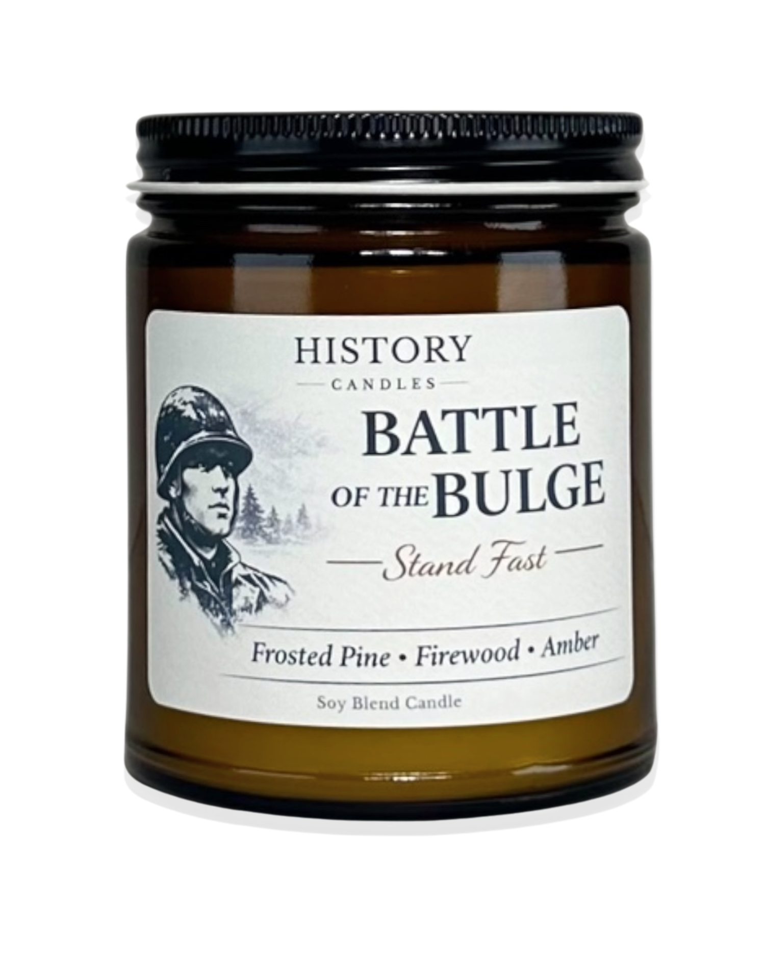 Battle of the Bulge soy candle in amber glass jar with black lid on white background