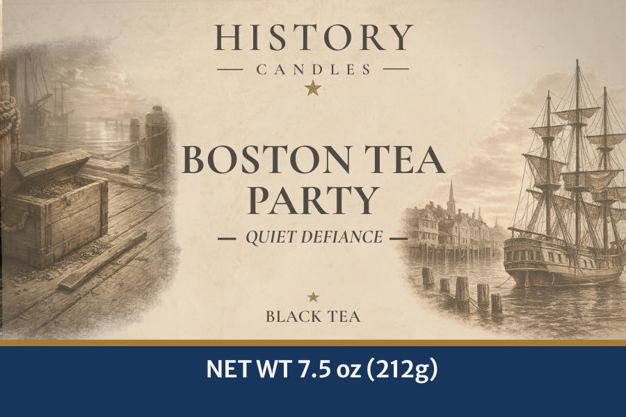 Close-up of the Boston Tea Party candle label by History Candles, featuring colonial artwork and the Black Tea fragrance name.