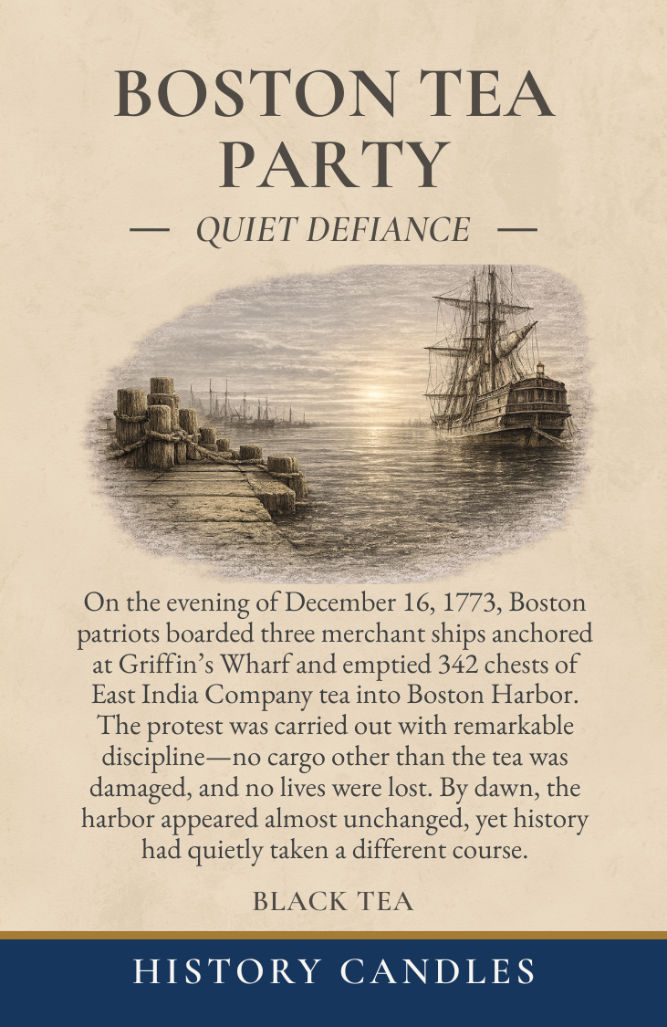 Historical story panel for the Boston Tea Party candle, explaining the 1773 protest against British taxation in Boston Harbor.