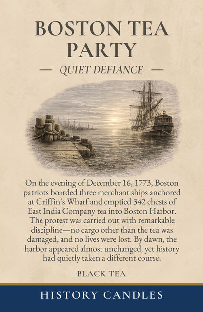 Historical story panel for the Boston Tea Party candle, explaining the 1773 protest against British taxation in Boston Harbor.