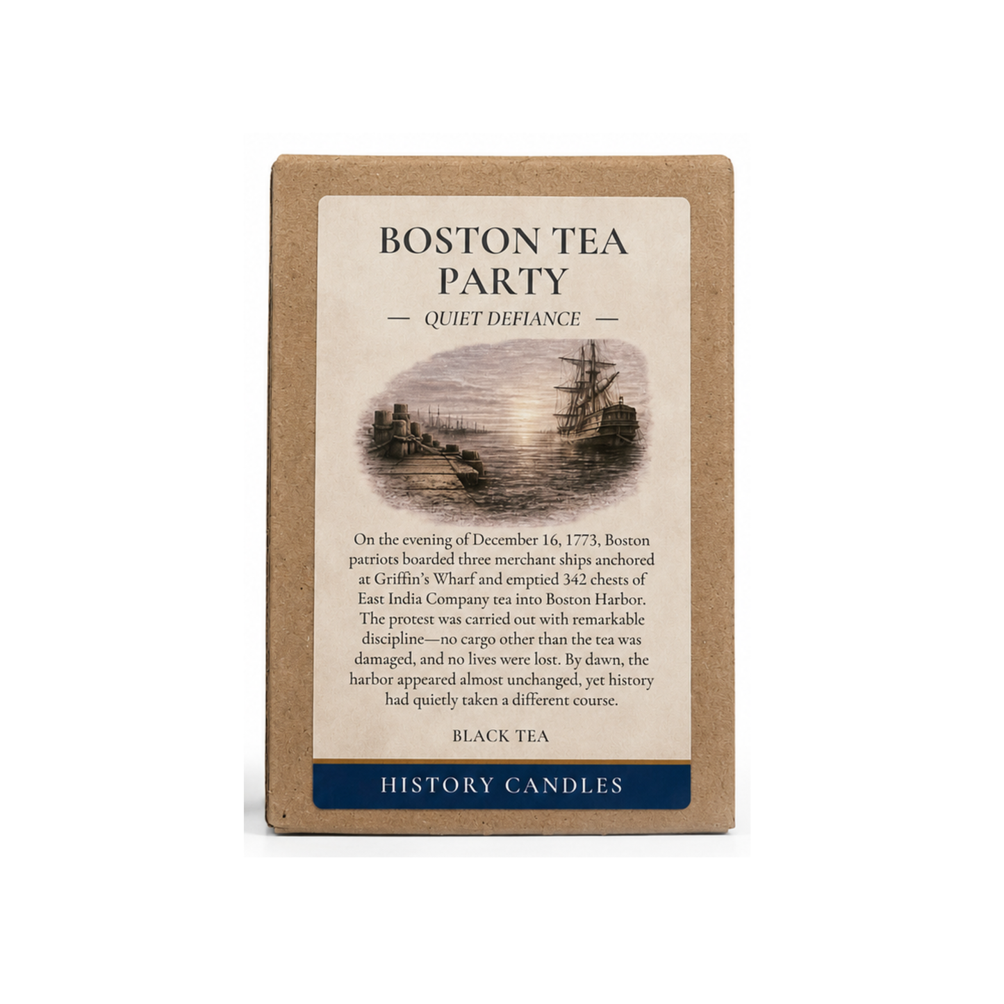 Premium gift box for the Boston Tea Party candle, featuring historical artwork and story details inspired by the protest of 1773.