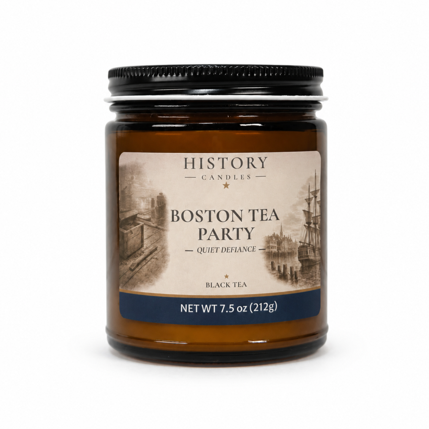History Candles Boston Tea Party candle in an amber glass jar, featuring original historical artwork and a Black Tea fragrance.
