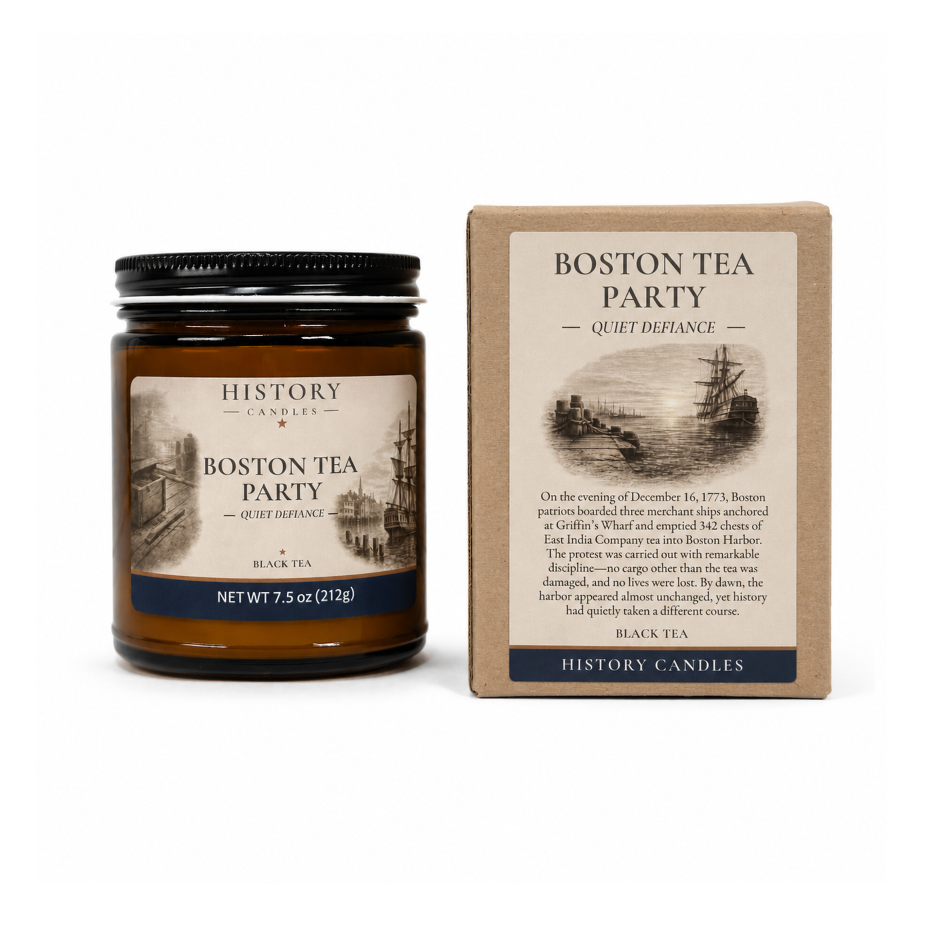 Boston Tea Party candle and matching premium gift box by History Candles, featuring original artwork and Black Tea fragrance.